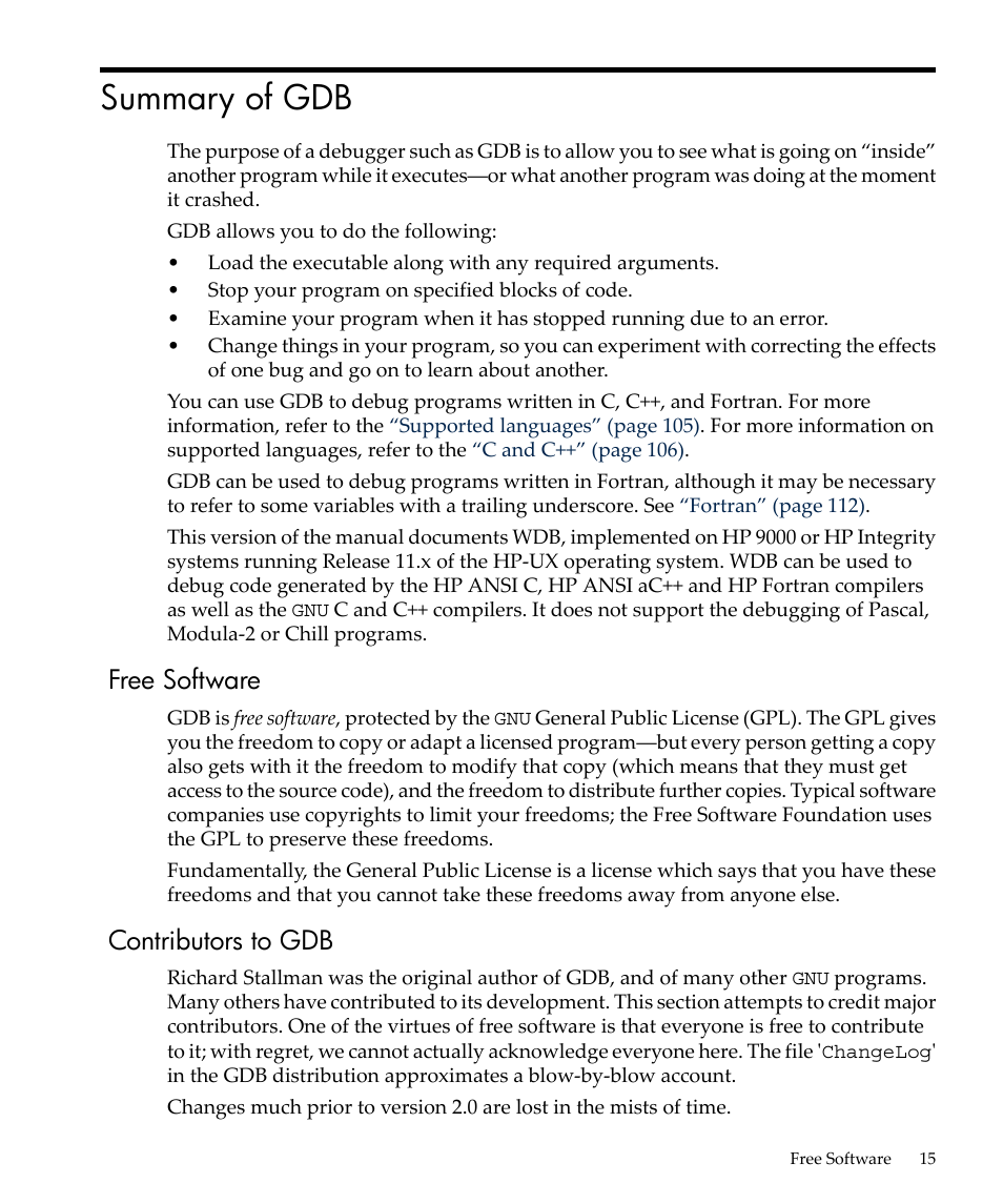 Summary of gdb, Free software, Contributors to gdb | Free software contributors to gdb | HP gnu source-level debugger 5992-4701 User Manual | Page 15 / 369