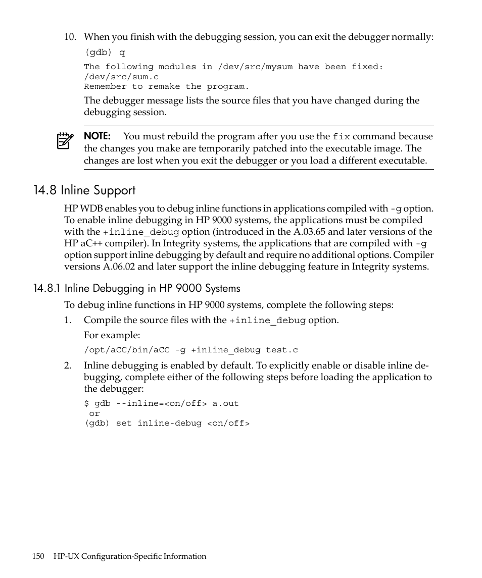 8 inline support, 1 inline debugging in hp 9000 systems | HP gnu source-level debugger 5992-4701 User Manual | Page 150 / 369