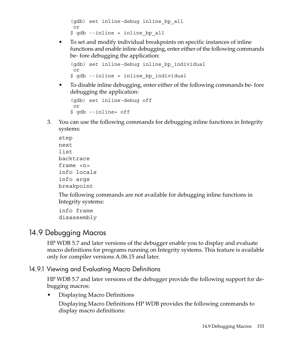 9 debugging macros, 1 viewing and evaluating macro definitions | HP gnu source-level debugger 5992-4701 User Manual | Page 153 / 369