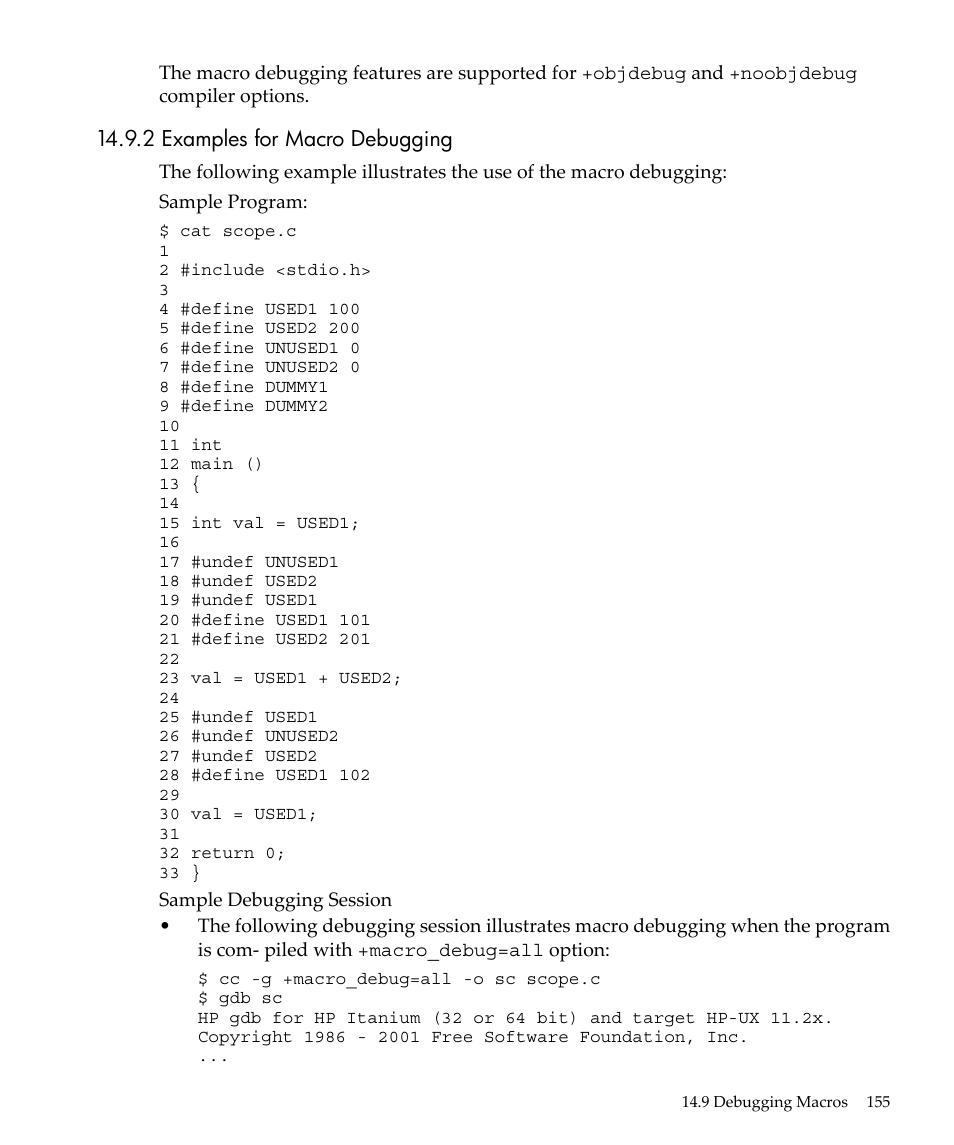 2 examples for macro debugging | HP gnu source-level debugger 5992-4701 User Manual | Page 155 / 369