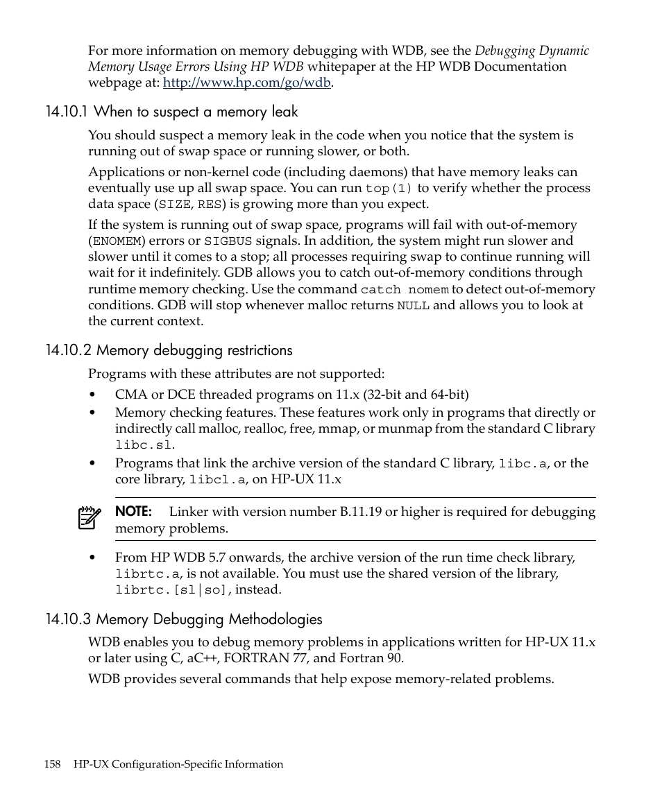 1 when to suspect a memory leak, 2 memory debugging restrictions, 3 memory debugging methodologies | HP gnu source-level debugger 5992-4701 User Manual | Page 158 / 369