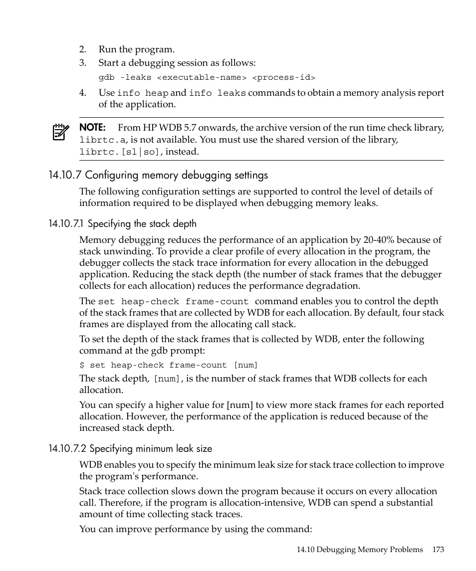 7 configuring memory debugging settings, 1 specifying the stack depth, 2 specifying minimum leak size | HP gnu source-level debugger 5992-4701 User Manual | Page 173 / 369
