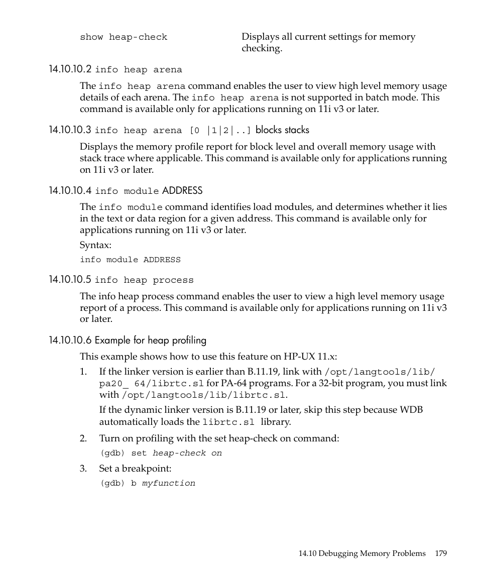 2 info heap arena, 3 info heap arena [0 |1|2|..] blocks stacks, 4 info module address | 5 info heap process, 6 example for heap profiling | HP gnu source-level debugger 5992-4701 User Manual | Page 179 / 369