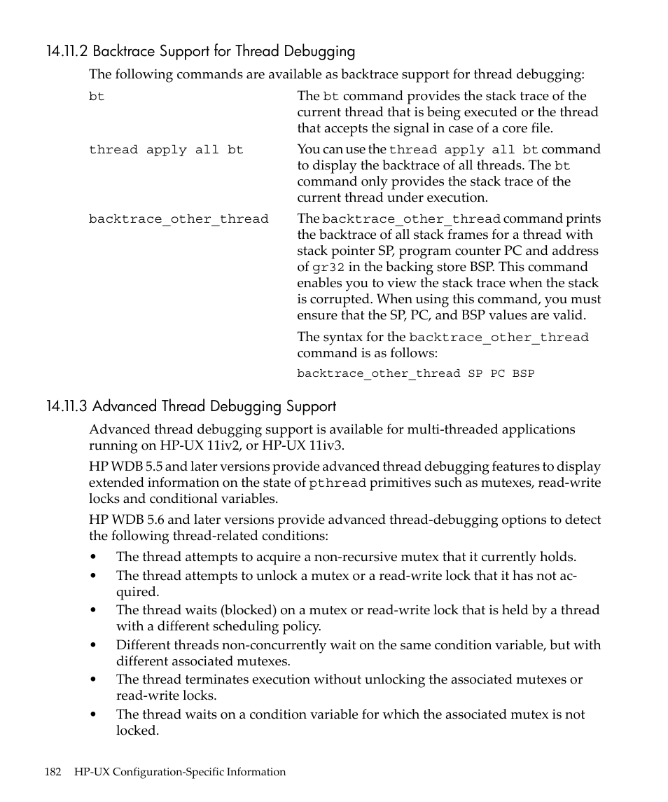 2 backtrace support for thread debugging, 3 advanced thread debugging support | HP gnu source-level debugger 5992-4701 User Manual | Page 182 / 369