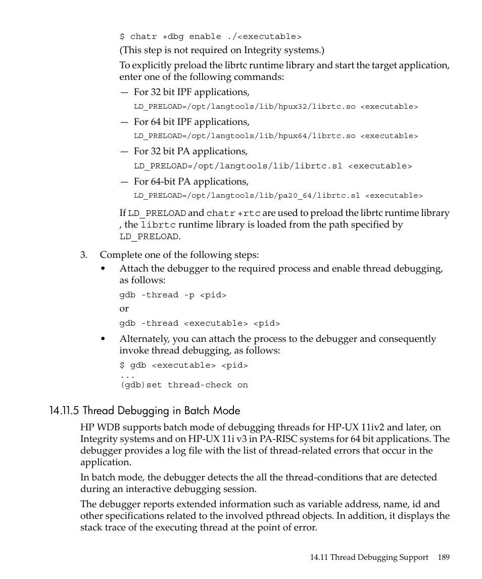 5 thread debugging in batch mode | HP gnu source-level debugger 5992-4701 User Manual | Page 189 / 369