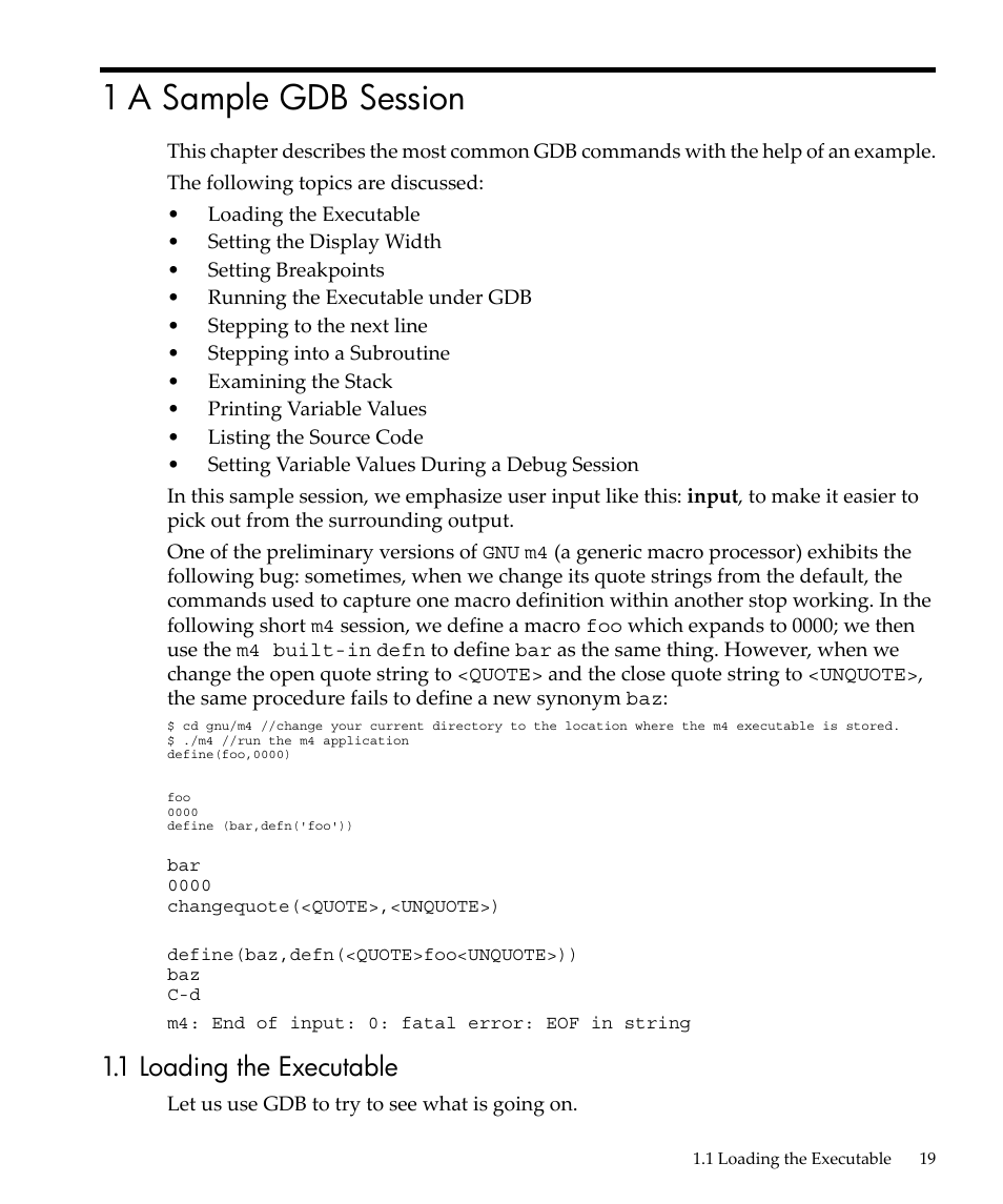 1 a sample gdb session, 1 loading the executable | HP gnu source-level debugger 5992-4701 User Manual | Page 19 / 369