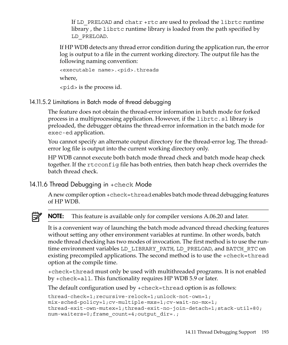 2 limitations in batch mode of thread debugging, 6 thread debugging in +check mode | HP gnu source-level debugger 5992-4701 User Manual | Page 193 / 369