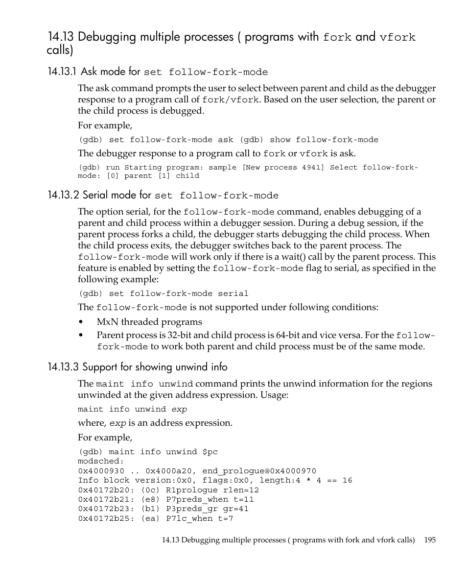 1 ask mode for set follow-fork-mode, 2 serial mode for set follow-fork-mode, 3 support for showing unwind info | HP gnu source-level debugger 5992-4701 User Manual | Page 195 / 369