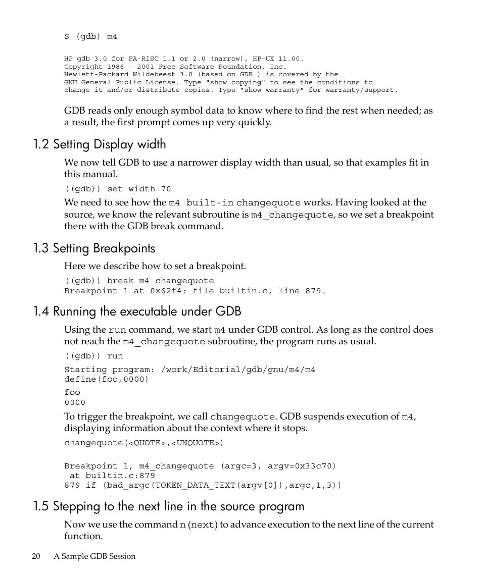 2 setting display width, 3 setting breakpoints, 4 running the executable under gdb | 5 stepping to the next line in the source program | HP gnu source-level debugger 5992-4701 User Manual | Page 20 / 369
