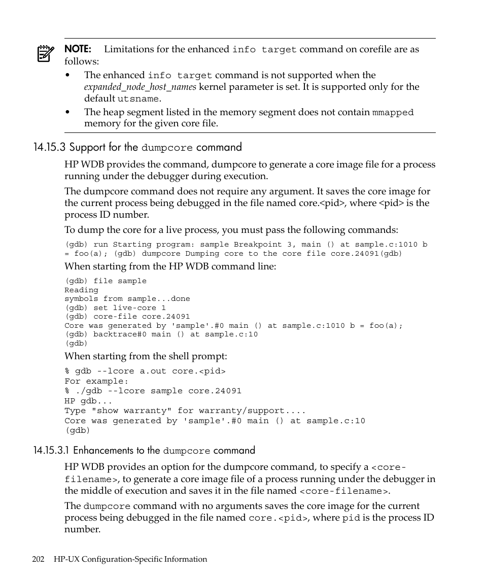 3 support for the dumpcore command, 1 enhancements to the dumpcore command | HP gnu source-level debugger 5992-4701 User Manual | Page 202 / 369