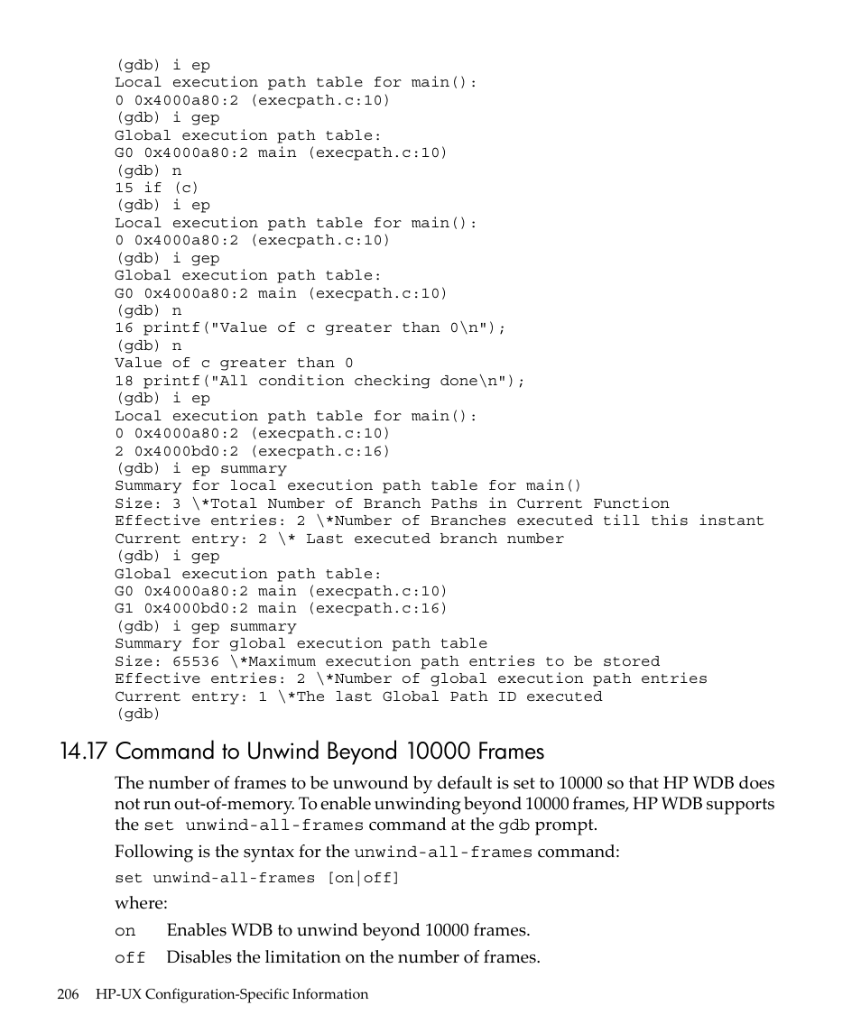 17 command to unwind beyond 10000 frames | HP gnu source-level debugger 5992-4701 User Manual | Page 206 / 369