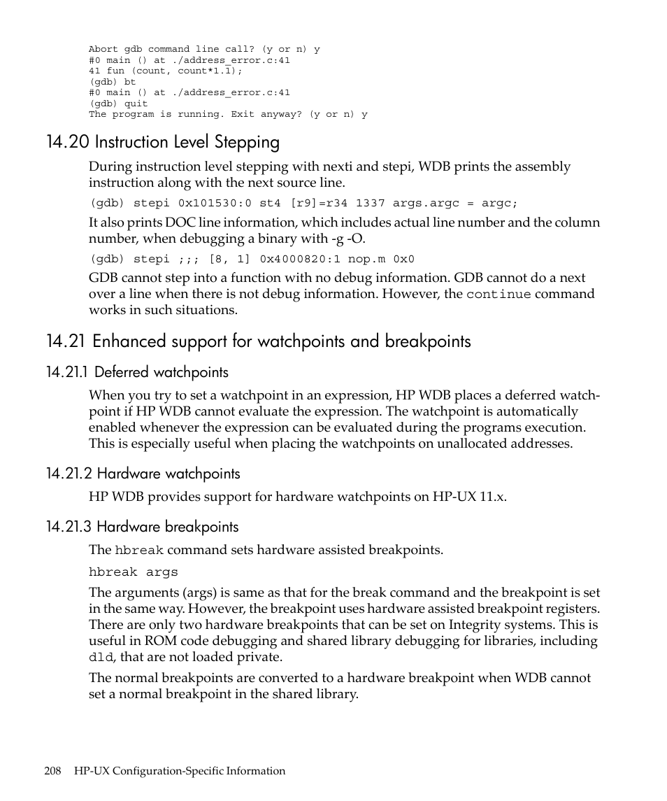 20 instruction level stepping, 1 deferred watchpoints, 2 hardware watchpoints | 3 hardware breakpoints | HP gnu source-level debugger 5992-4701 User Manual | Page 208 / 369