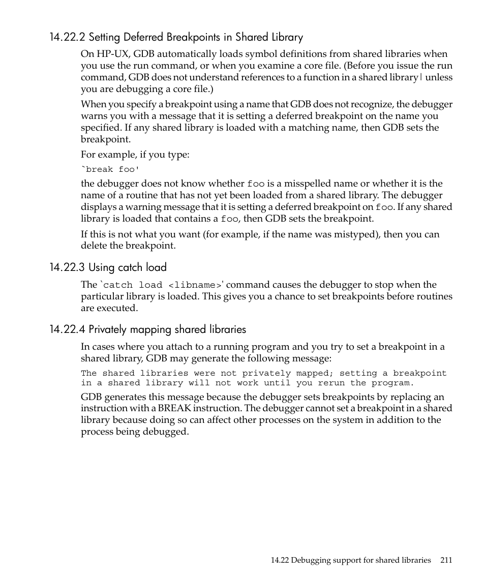 2 setting deferred breakpoints in shared library, 3 using catch load, 4 privately mapping shared libraries | HP gnu source-level debugger 5992-4701 User Manual | Page 211 / 369
