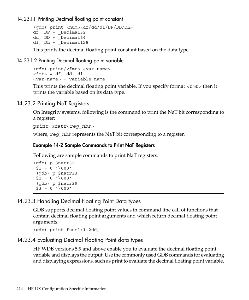 1 printing decimal floating point constant, 2 printing decimal floating point variable, 2 printing nat registers | 3 handling decimal floating point data types, 4 evaluating decimal floating point data types, Sample commands to print nat registers | HP gnu source-level debugger 5992-4701 User Manual | Page 214 / 369