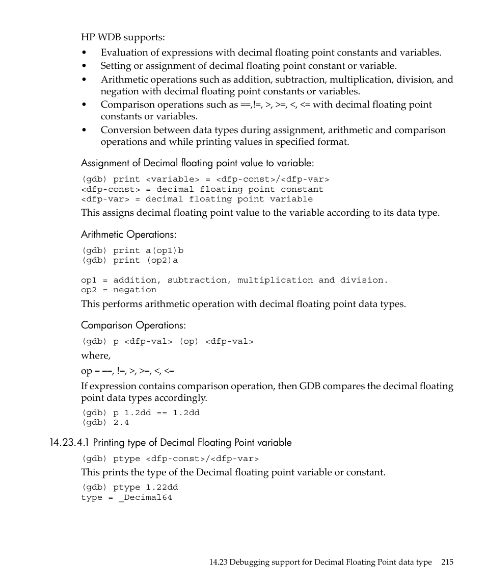 1 printing type of decimal floating point variable | HP gnu source-level debugger 5992-4701 User Manual | Page 215 / 369