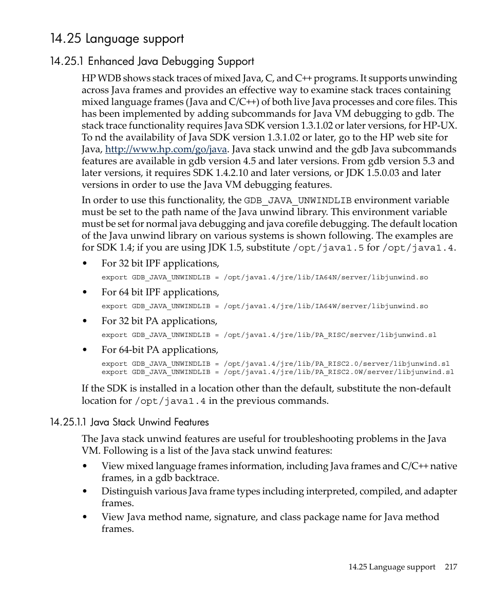 25 language support, 1 enhanced java debugging support, 1 java stack unwind features | HP gnu source-level debugger 5992-4701 User Manual | Page 217 / 369