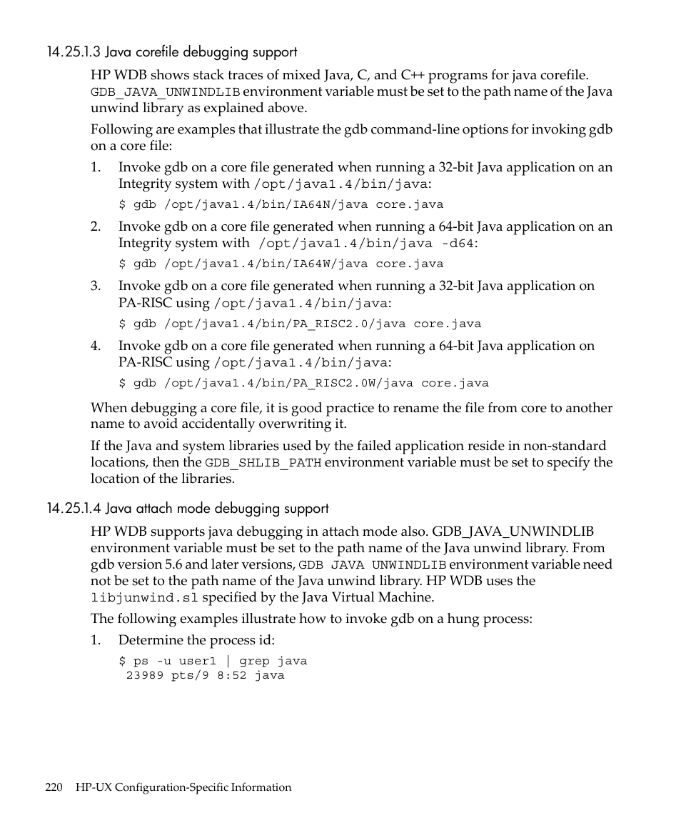 3 java corefile debugging support, 4 java attach mode debugging support | HP gnu source-level debugger 5992-4701 User Manual | Page 220 / 369