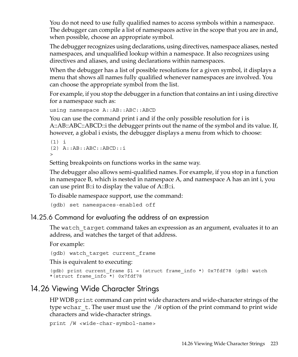 26 viewing wide character strings | HP gnu source-level debugger 5992-4701 User Manual | Page 223 / 369
