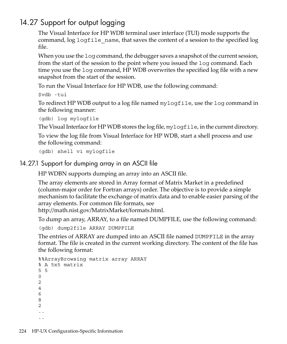 27 support for output logging, 1 support for dumping array in an ascii file | HP gnu source-level debugger 5992-4701 User Manual | Page 224 / 369