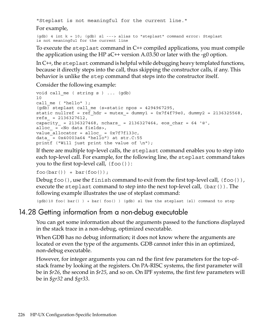 28 getting information from a non-debug executable | HP gnu source-level debugger 5992-4701 User Manual | Page 226 / 369
