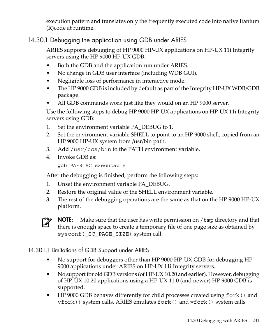 1 debugging the application using gdb under aries, 1 limitations of gdb support under aries | HP gnu source-level debugger 5992-4701 User Manual | Page 231 / 369