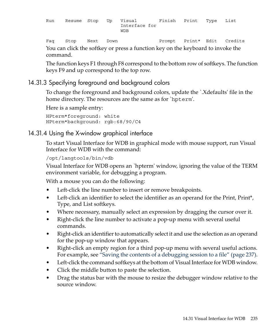 3 specifying foreground and background colors, 4 using the x-window graphical interface | HP gnu source-level debugger 5992-4701 User Manual | Page 235 / 369