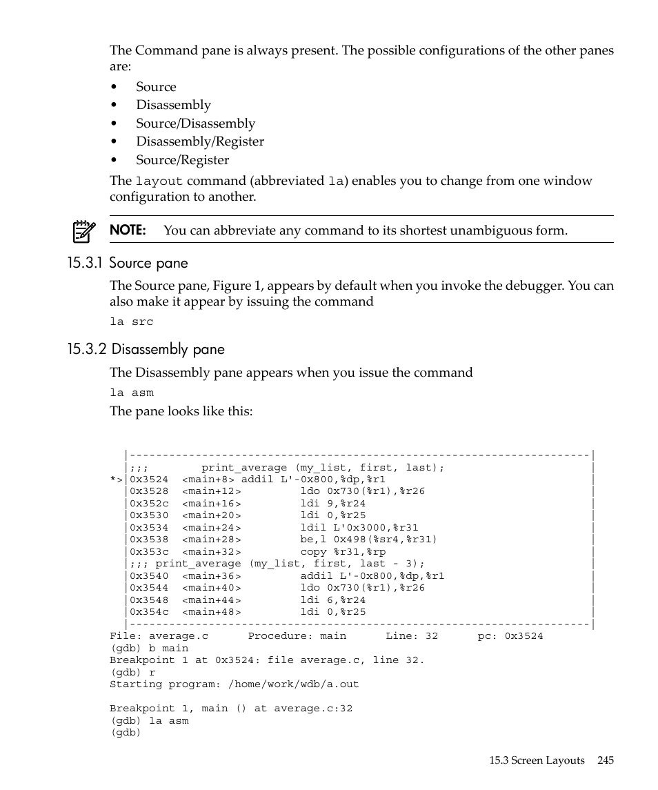 1 source pane, 2 disassembly pane, 1 source pane 15.3.2 disassembly pane | HP gnu source-level debugger 5992-4701 User Manual | Page 245 / 369
