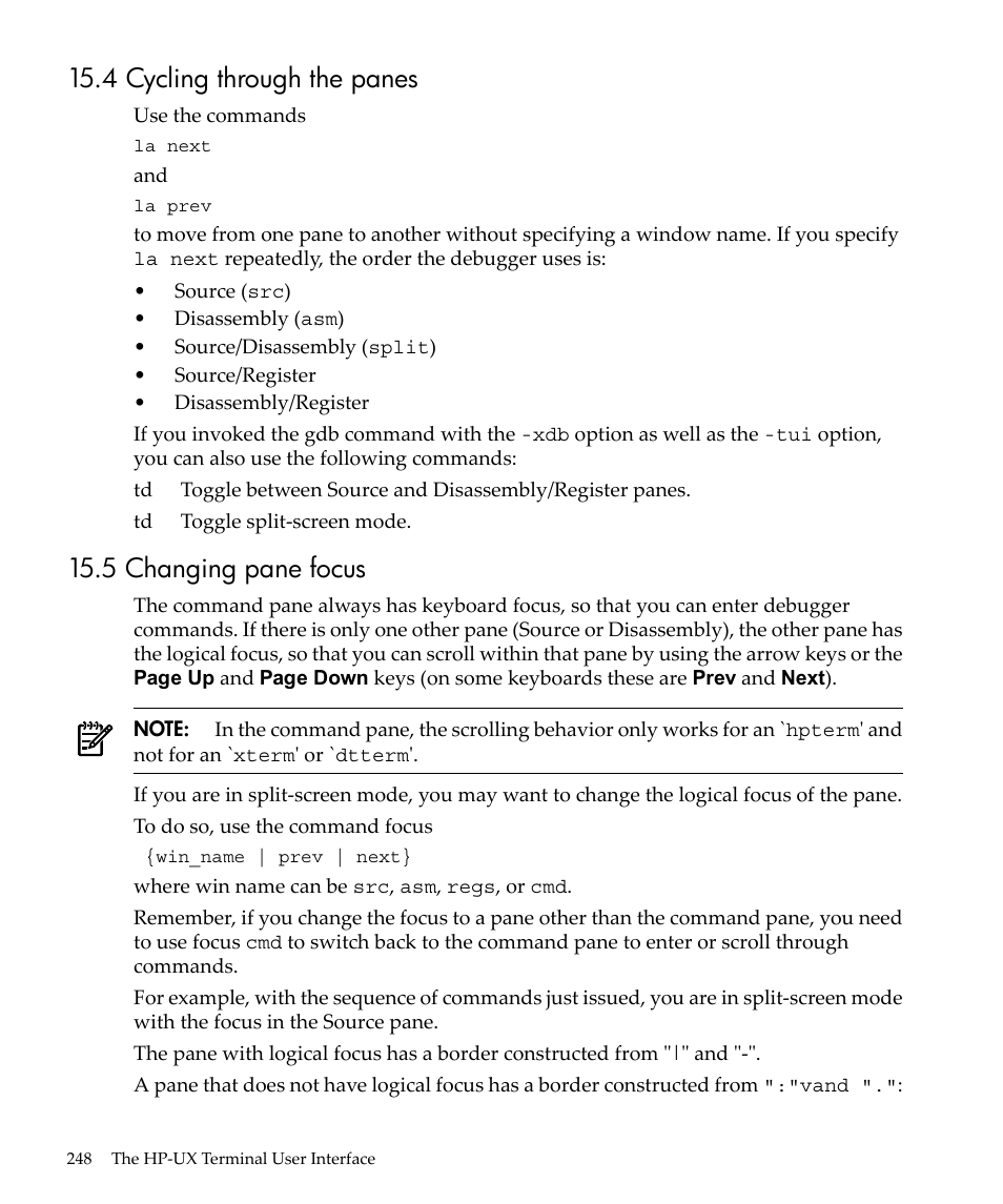 4 cycling through the panes, 5 changing pane focus | HP gnu source-level debugger 5992-4701 User Manual | Page 248 / 369