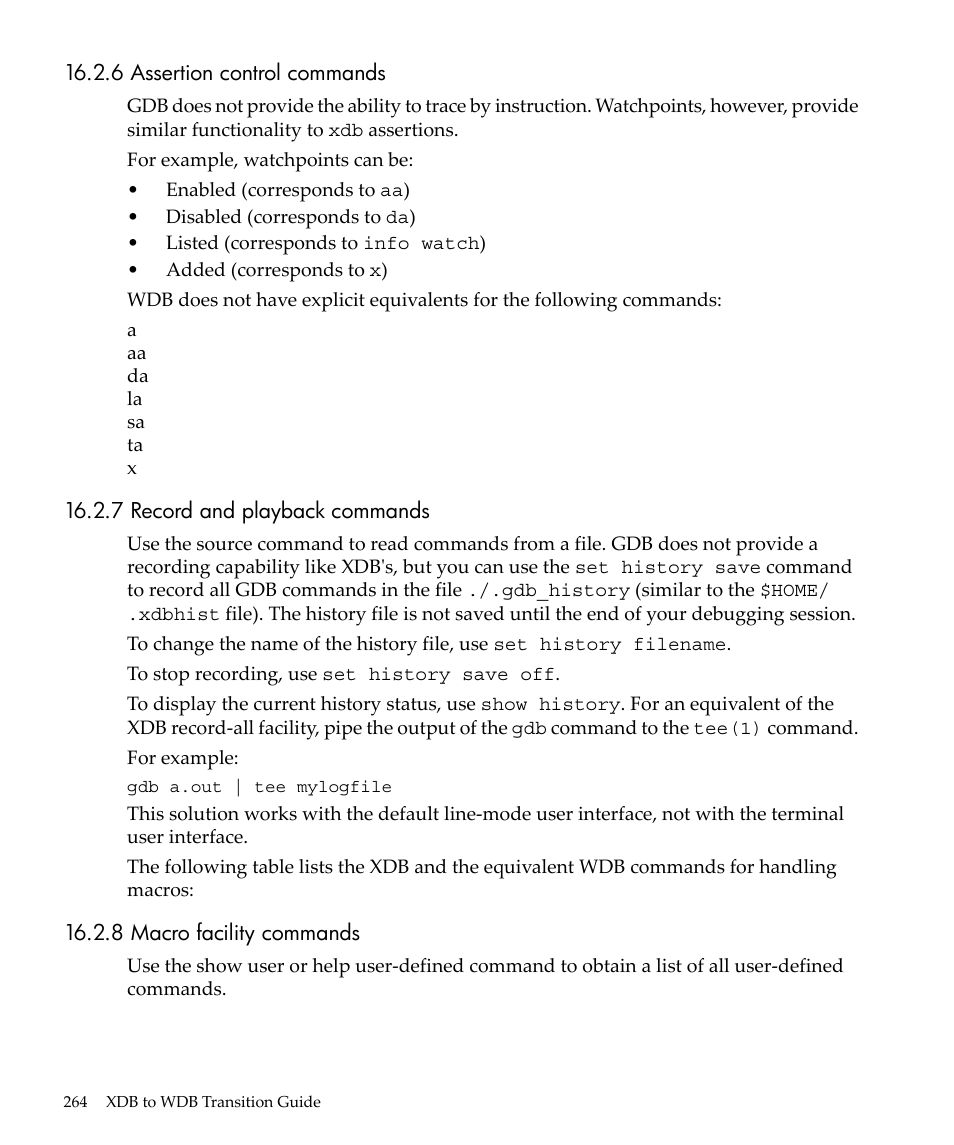 6 assertion control commands, 7 record and playback commands, 8 macro facility commands | Assertion control commands, Record and playback commands, Macro facility commands | HP gnu source-level debugger 5992-4701 User Manual | Page 264 / 369