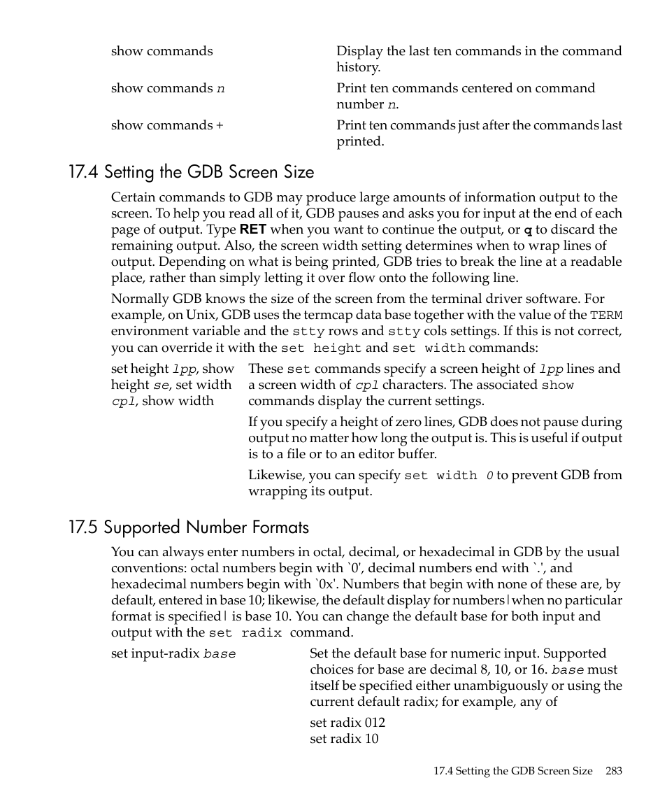 4 setting the gdb screen size, 5 supported number formats | HP gnu source-level debugger 5992-4701 User Manual | Page 283 / 369