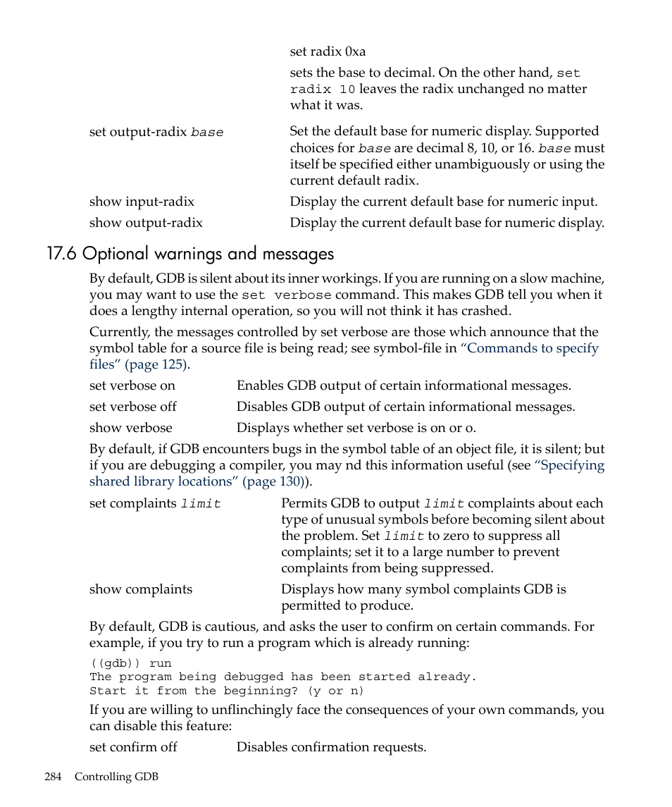 6 optional warnings and messages, Optional warnings and | HP gnu source-level debugger 5992-4701 User Manual | Page 284 / 369