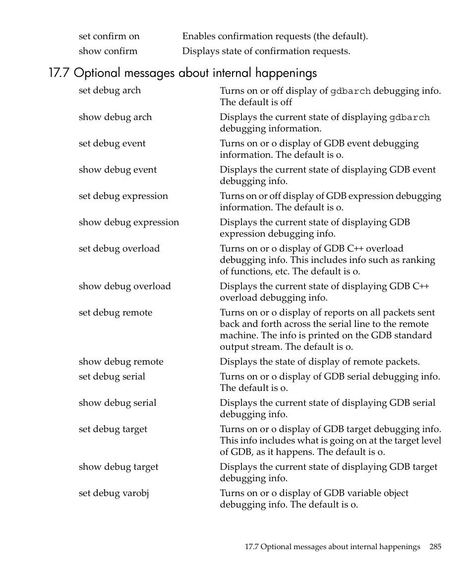 7 optional messages about internal happenings | HP gnu source-level debugger 5992-4701 User Manual | Page 285 / 369