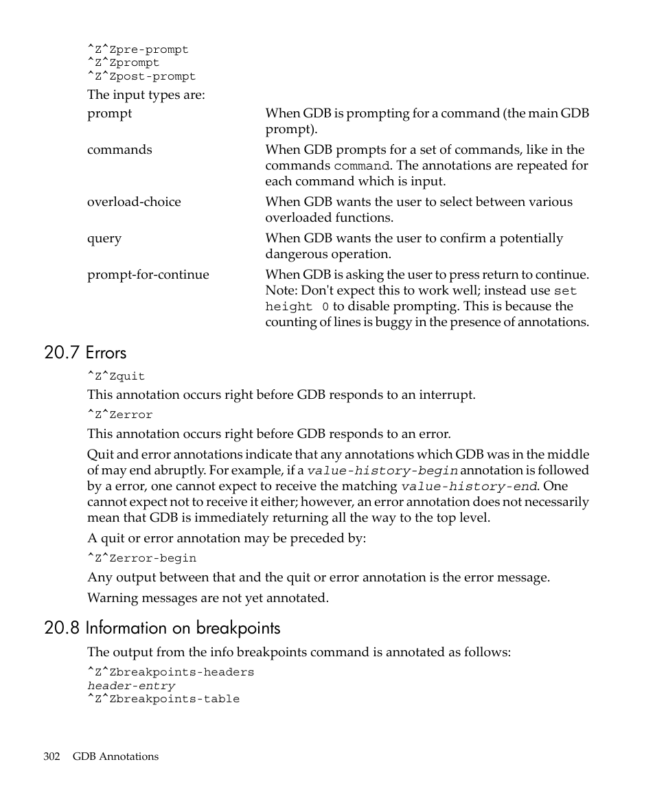 7 errors, 8 information on breakpoints, 7 errors 20.8 information on breakpoints | HP gnu source-level debugger 5992-4701 User Manual | Page 302 / 369