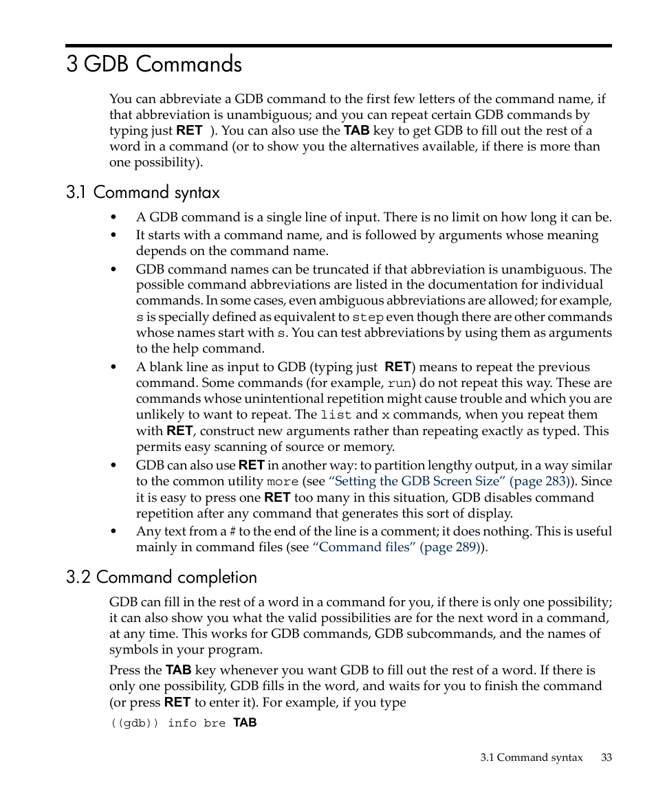 3 gdb commands, 1 command syntax, 2 command completion | 1 command syntax 3.2 command completion | HP gnu source-level debugger 5992-4701 User Manual | Page 33 / 369