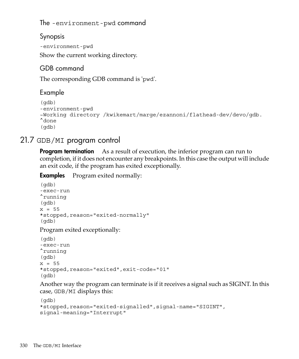 7 gdb/mi program control | HP gnu source-level debugger 5992-4701 User Manual | Page 330 / 369