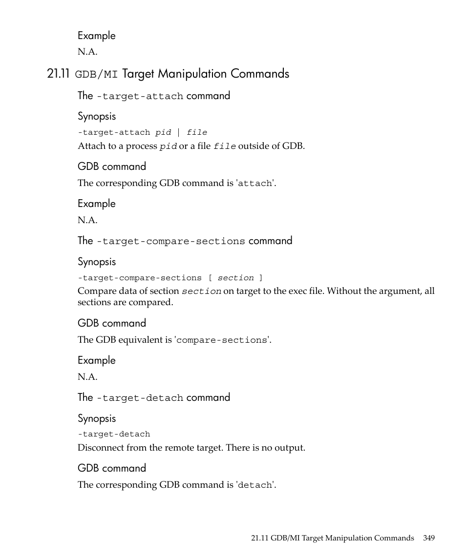 11 gdb/mi target manipulation commands | HP gnu source-level debugger 5992-4701 User Manual | Page 349 / 369