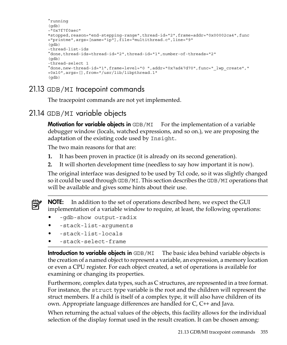 13 gdb/mi tracepoint commands, 14 gdb/mi variable objects | HP gnu source-level debugger 5992-4701 User Manual | Page 355 / 369