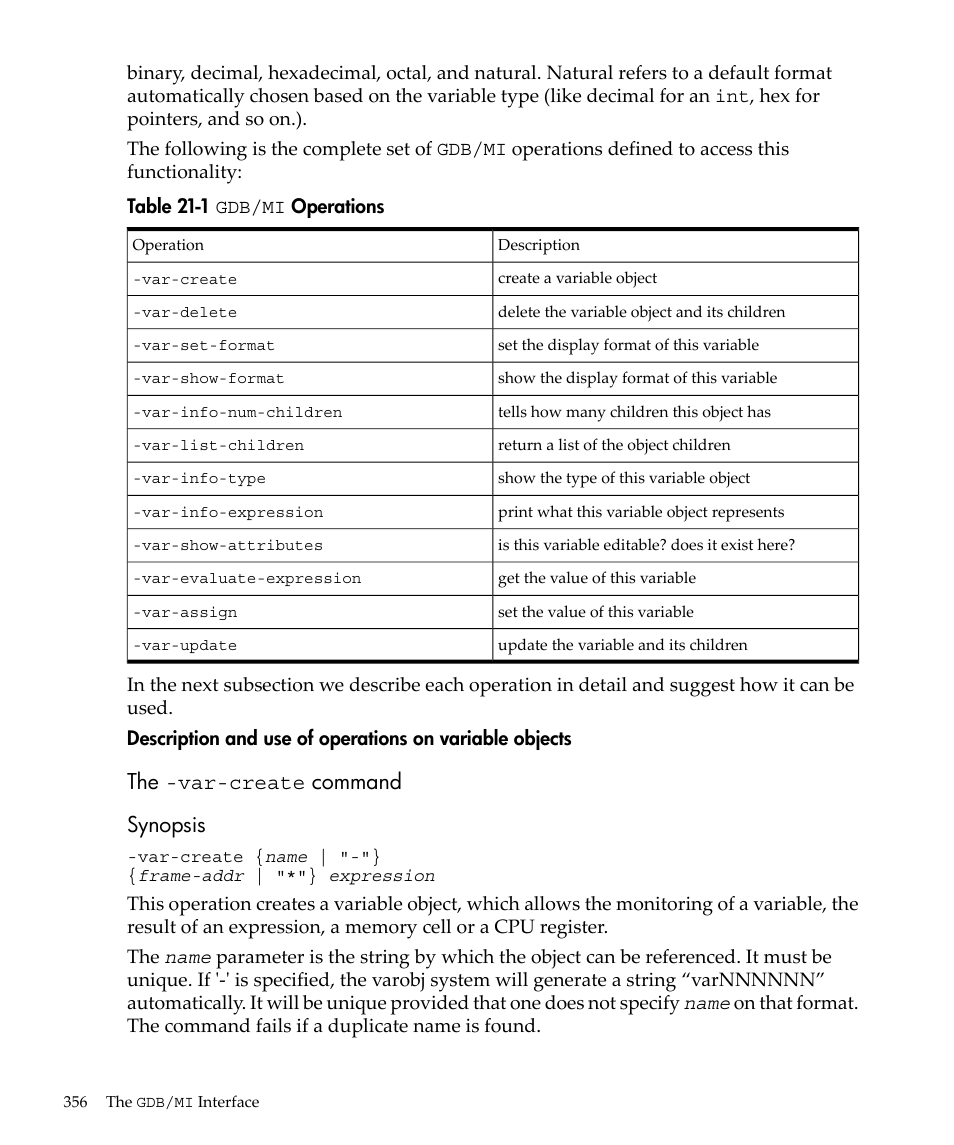 Gdb/mi, Operations, The -var-create command synopsis | HP gnu source-level debugger 5992-4701 User Manual | Page 356 / 369