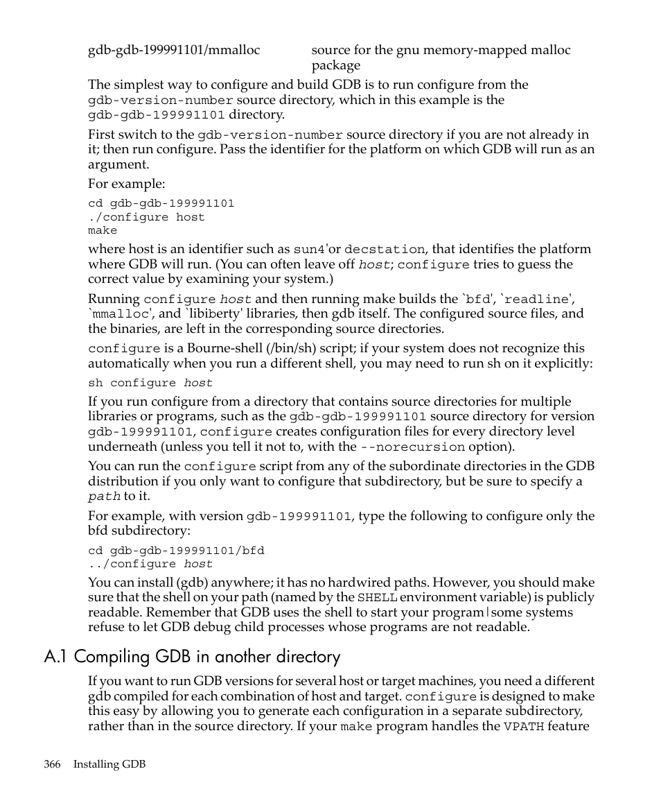 A.1 compiling gdb in another directory | HP gnu source-level debugger 5992-4701 User Manual | Page 366 / 369