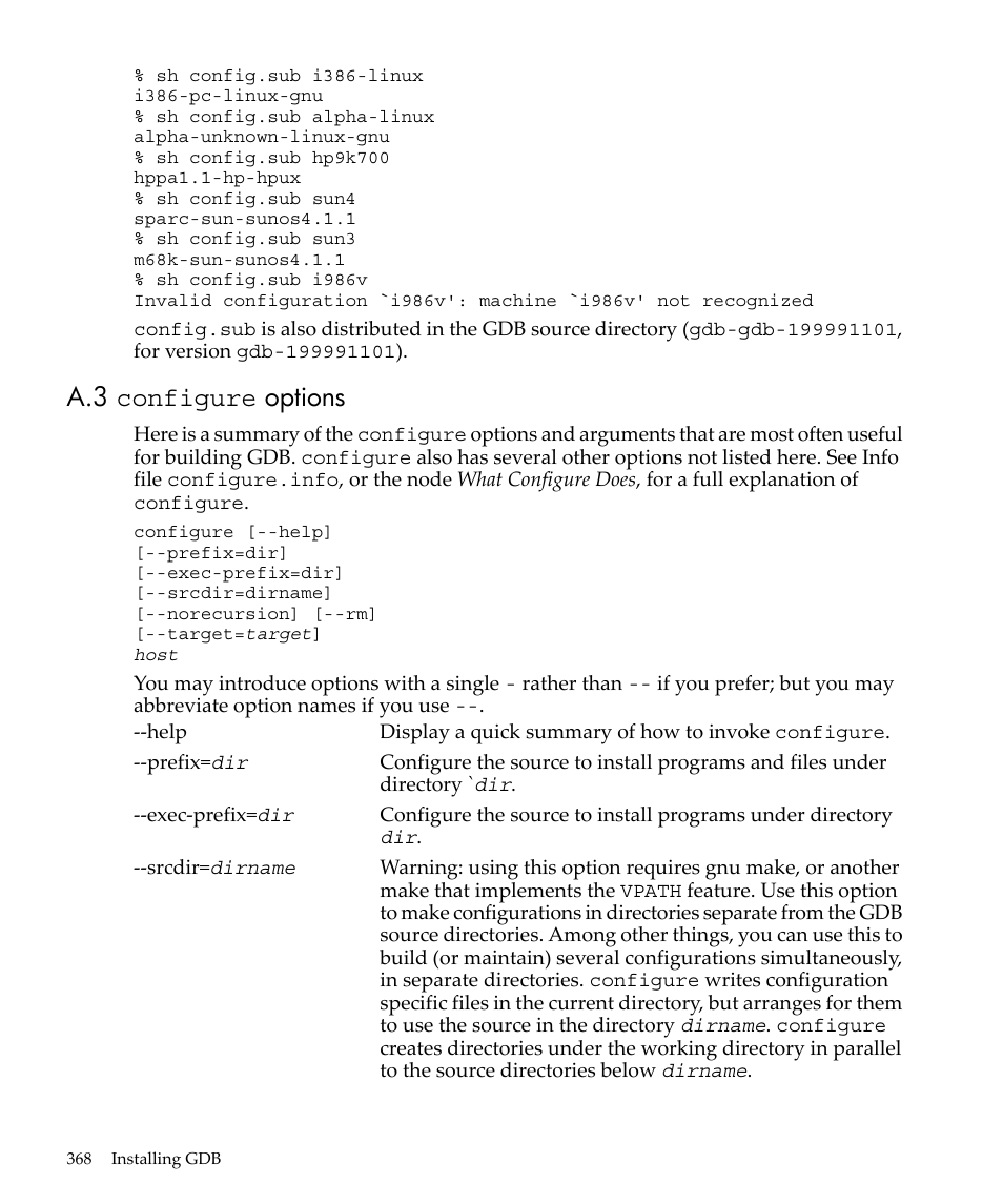 A.3 configure options | HP gnu source-level debugger 5992-4701 User Manual | Page 368 / 369