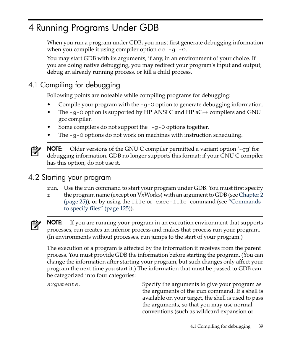 4 running programs under gdb, 1 compiling for debugging, 2 starting your program | HP gnu source-level debugger 5992-4701 User Manual | Page 39 / 369