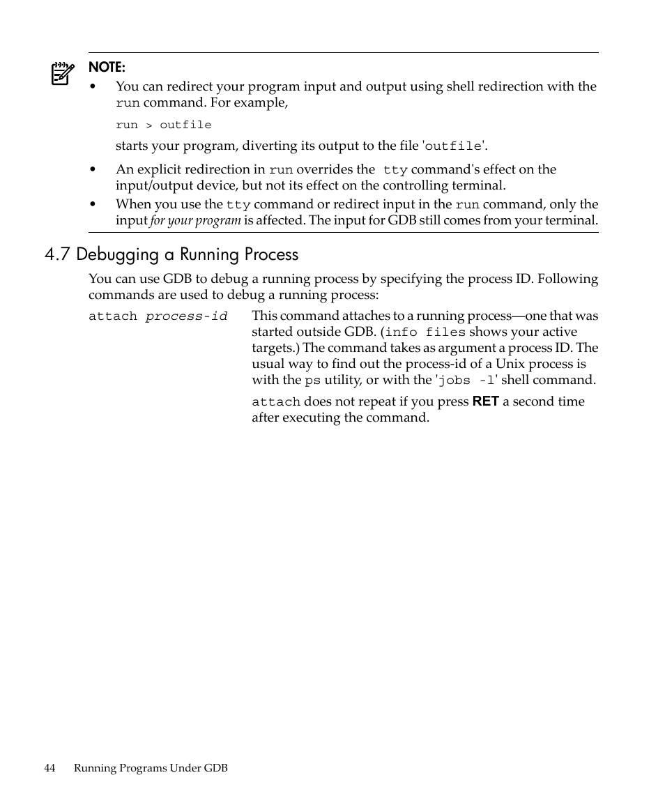 7 debugging a running process | HP gnu source-level debugger 5992-4701 User Manual | Page 44 / 369