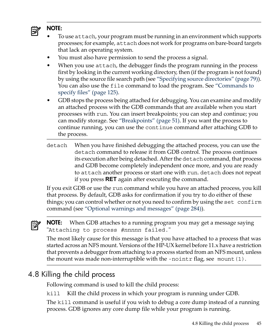8 killing the child process | HP gnu source-level debugger 5992-4701 User Manual | Page 45 / 369