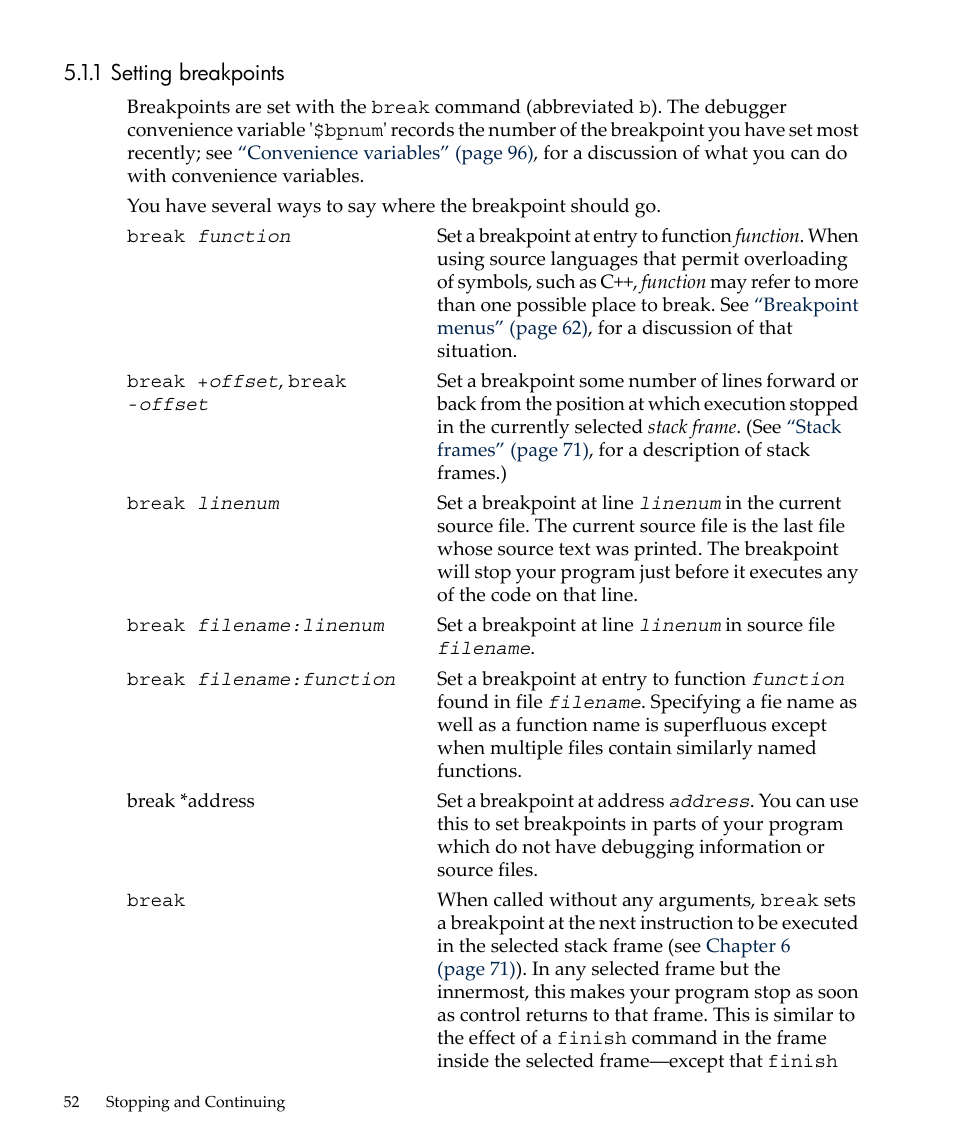 1 setting breakpoints | HP gnu source-level debugger 5992-4701 User Manual | Page 52 / 369