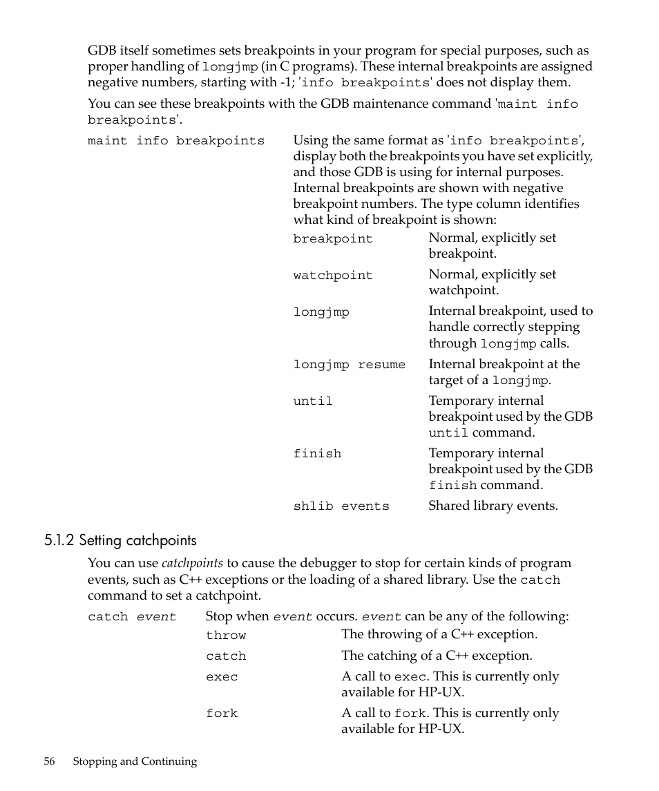 2 setting catchpoints, Setting | HP gnu source-level debugger 5992-4701 User Manual | Page 56 / 369