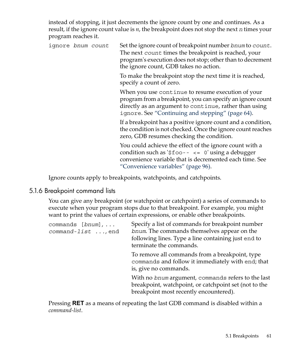 6 breakpoint command lists | HP gnu source-level debugger 5992-4701 User Manual | Page 61 / 369