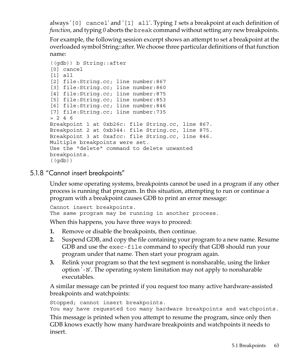 8 “cannot insert breakpoints | HP gnu source-level debugger 5992-4701 User Manual | Page 63 / 369