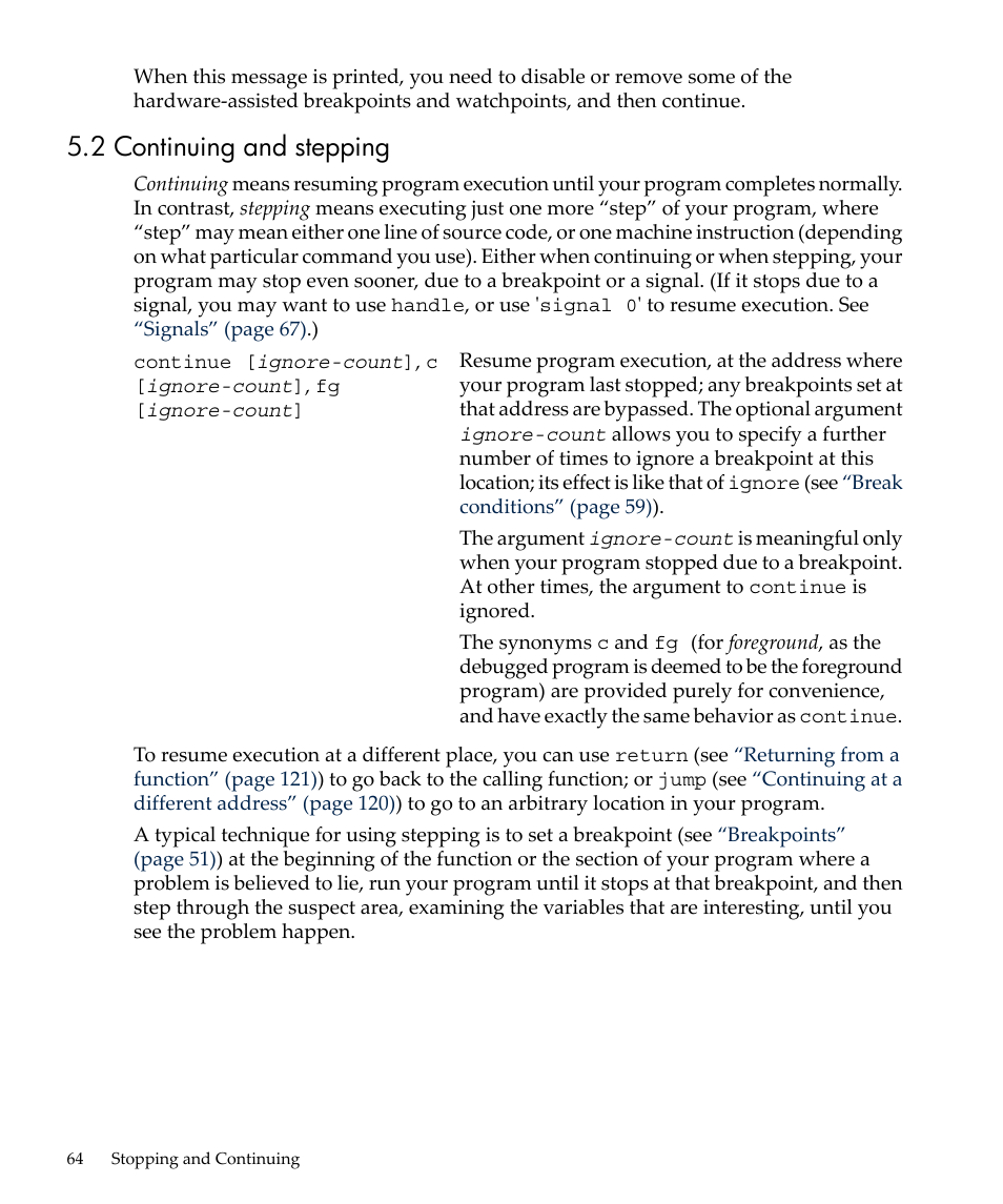2 continuing and stepping | HP gnu source-level debugger 5992-4701 User Manual | Page 64 / 369