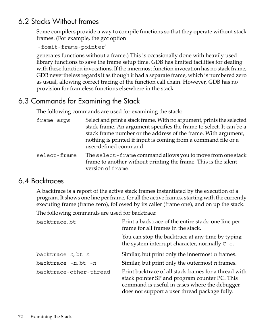 2 stacks without frames, 3 commands for examining the stack, 4 backtraces | HP gnu source-level debugger 5992-4701 User Manual | Page 72 / 369