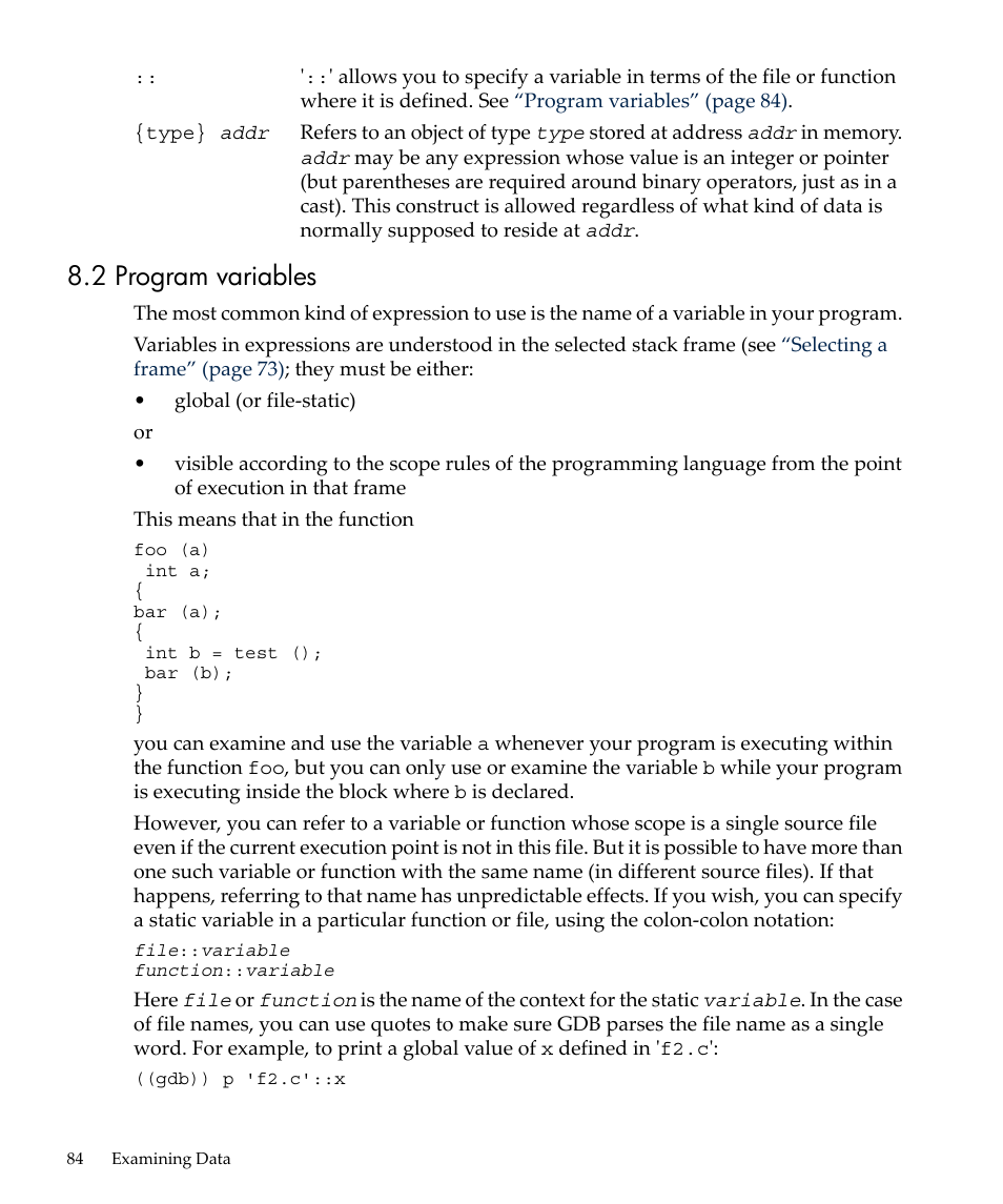 2 program variables | HP gnu source-level debugger 5992-4701 User Manual | Page 84 / 369